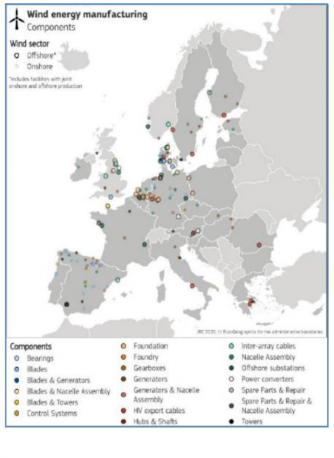 Fábricas de compoñentes eólicos en Europa (Fonte: Comisión Europea 2020)